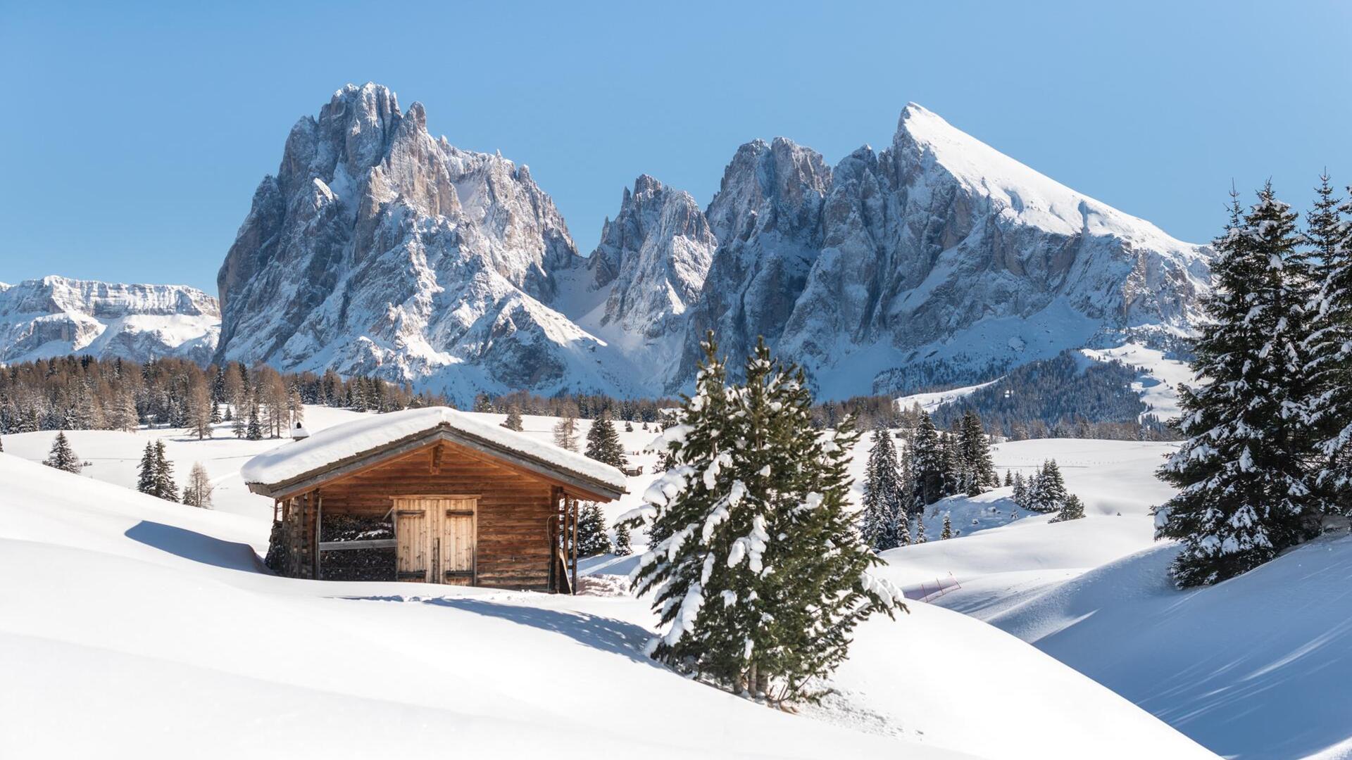 Blick auf den verschneiten Langkofel und Plattkofel
