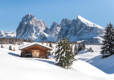Blick auf den verschneiten Langkofel und Plattkofel