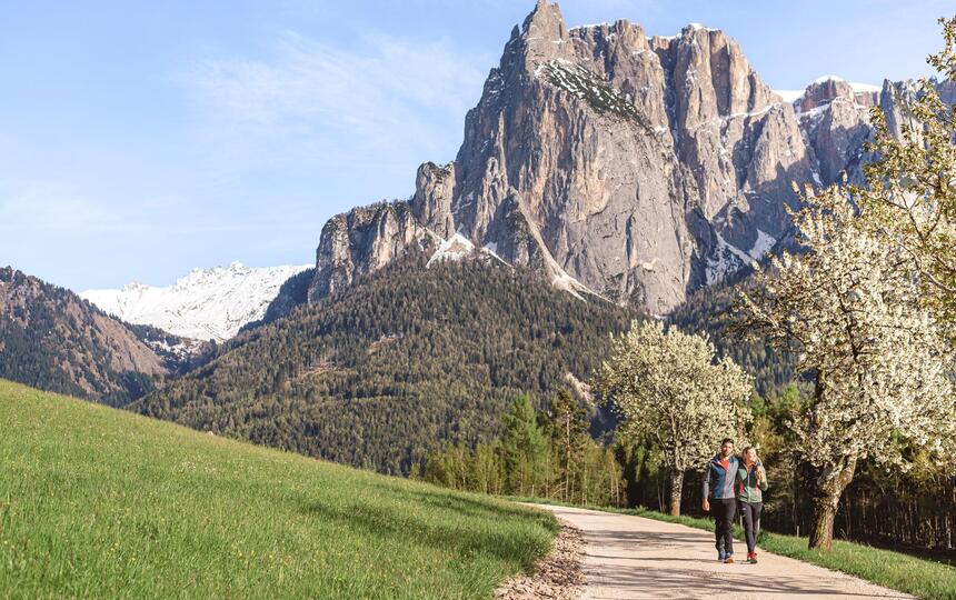 Ein Mann und eine Frau spazieren einen Weg entlang, im HIntergrund der Schlern