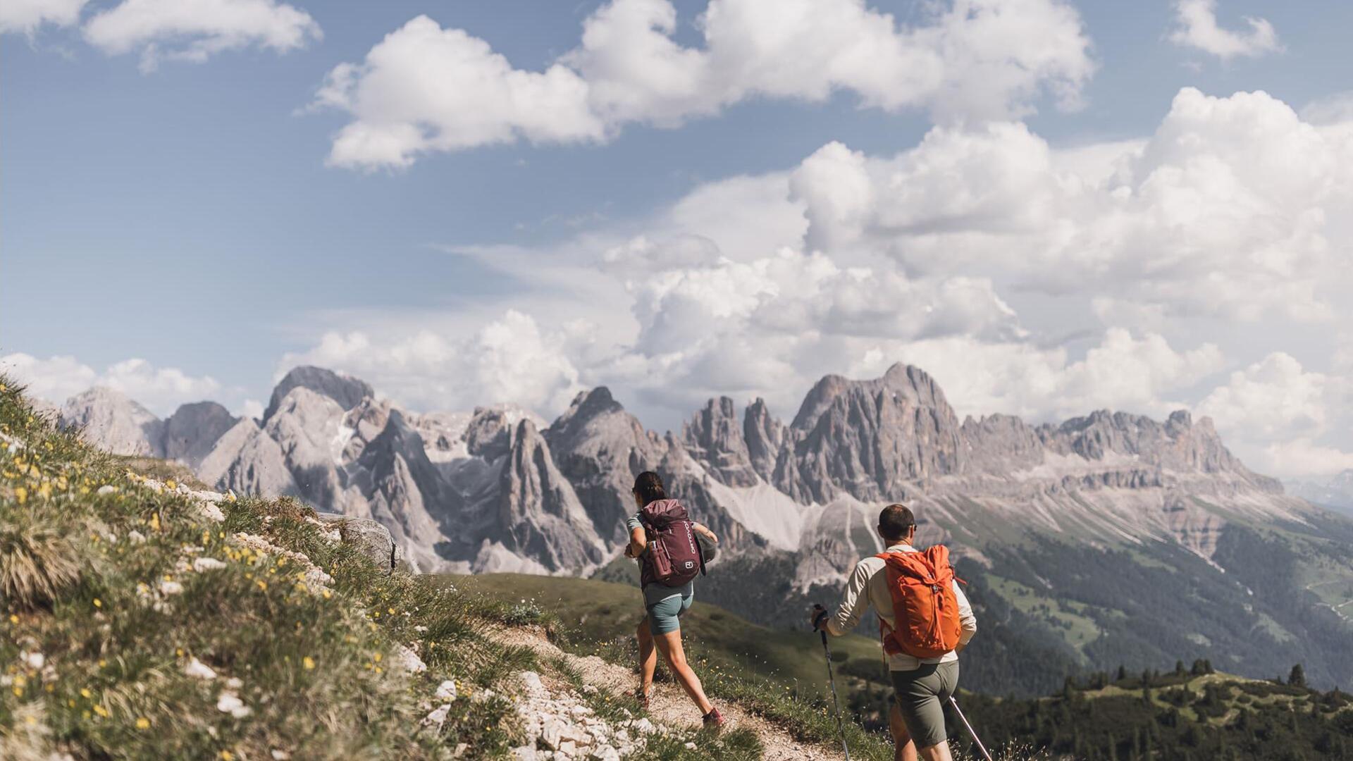 Eine Familie mit zwei Kindern beim Wandern