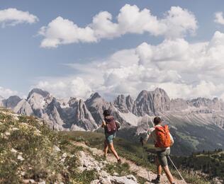 Eine Familie mit zwei Kindern beim Wandern