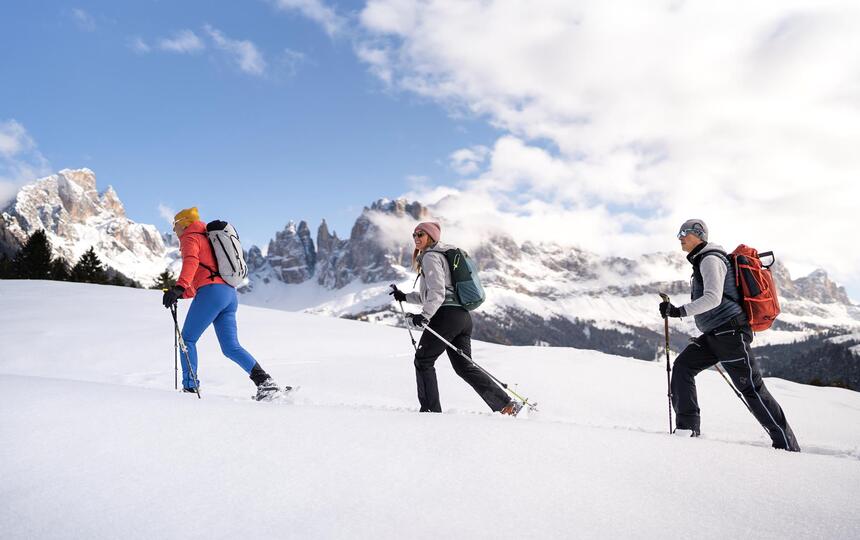 Eine Gruppe von Personen beim Schneeschuhwandern