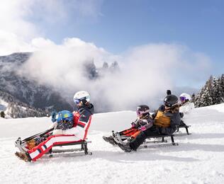Eine Gruppe von Personen beim Rodeln