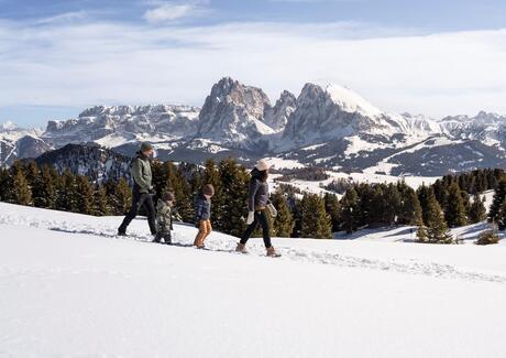 A family with two children walks through the snow