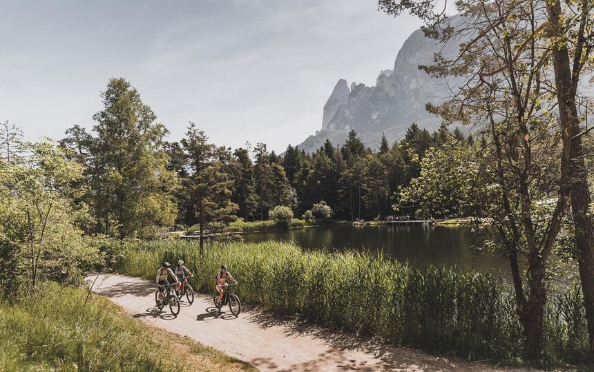 Drei Mountainbiker fahren einen Fahrradweg entlang