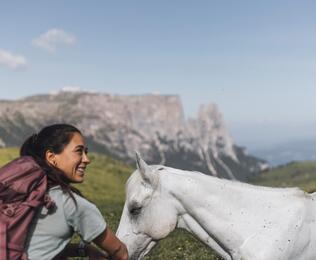Eine Frau streichelt ein Pferd