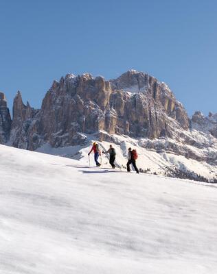 Eine Gruppe von Personen beim Schneeschuhwandern